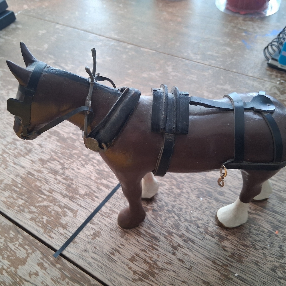 Vintage Brown Wood Horse Figurine with Harness